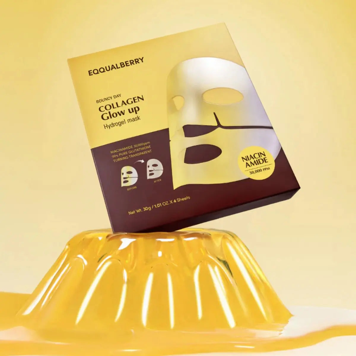 Boite extérieur et l'aspect jelly du masque Collagen Glow Up Hydrogel Mask