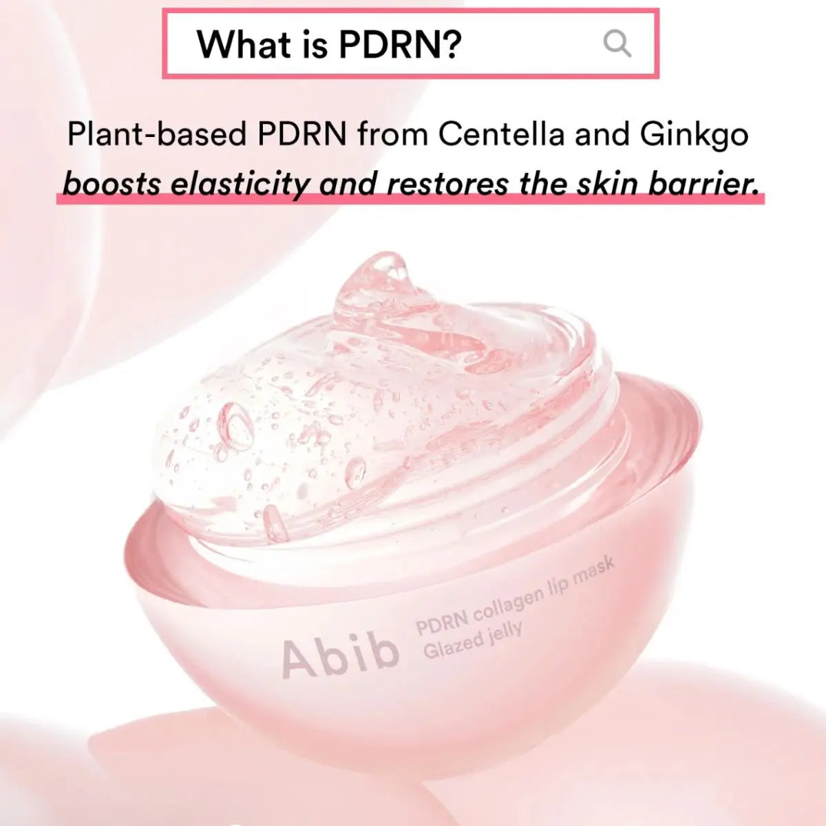 Infographie expliquant le PDRN avec un pot de baume à lèvres rosé ouvert et sa texture visible