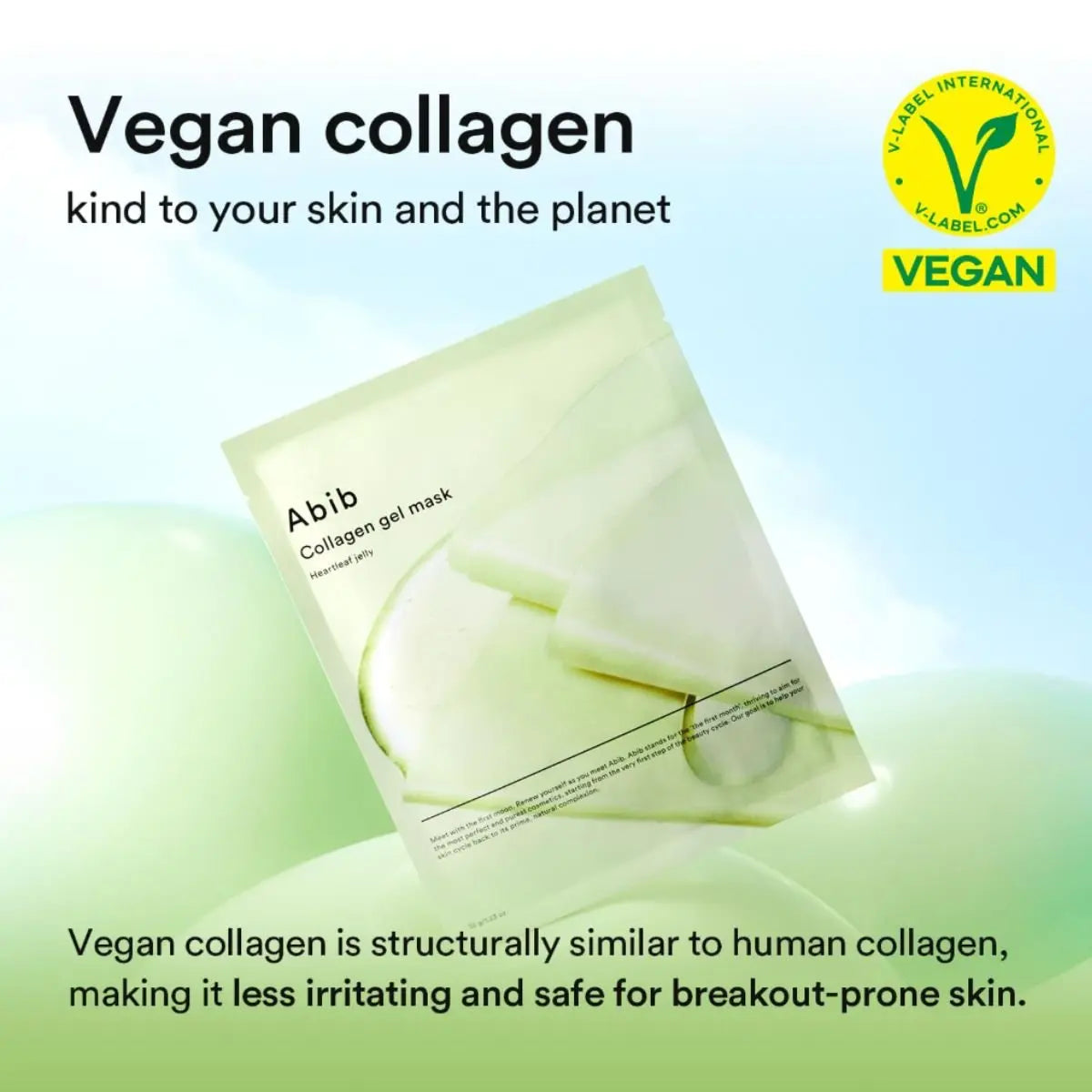 Masque gel collagène vegan posé, label vegan visible.
