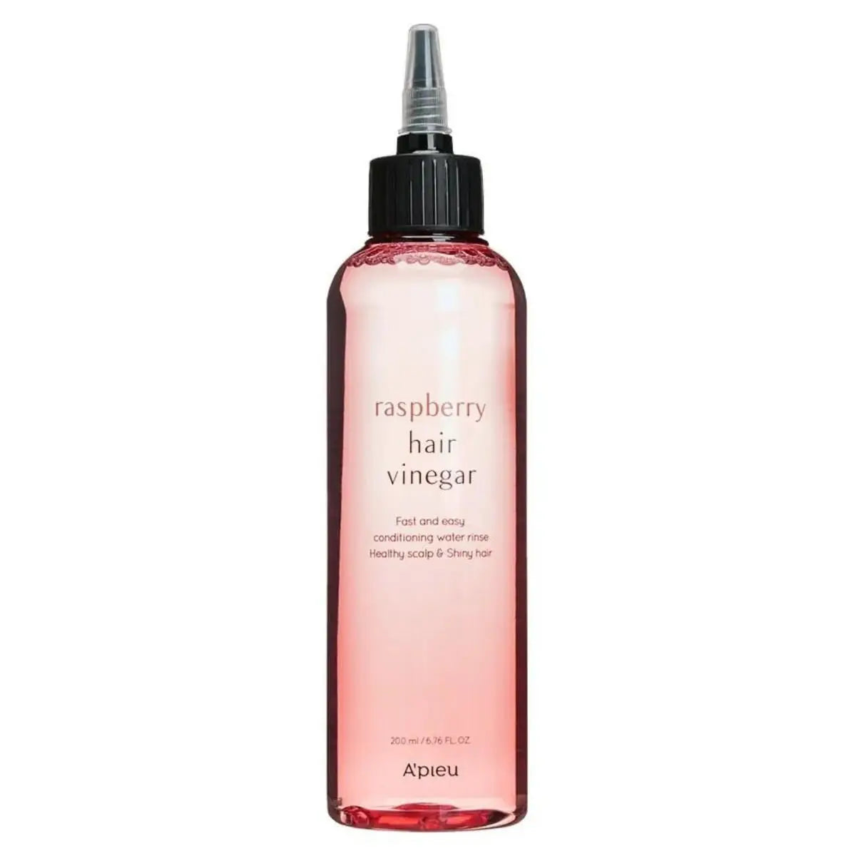 Bouteille rose de Raspberry Hair Vinegar avec bouchon applicateur noir.